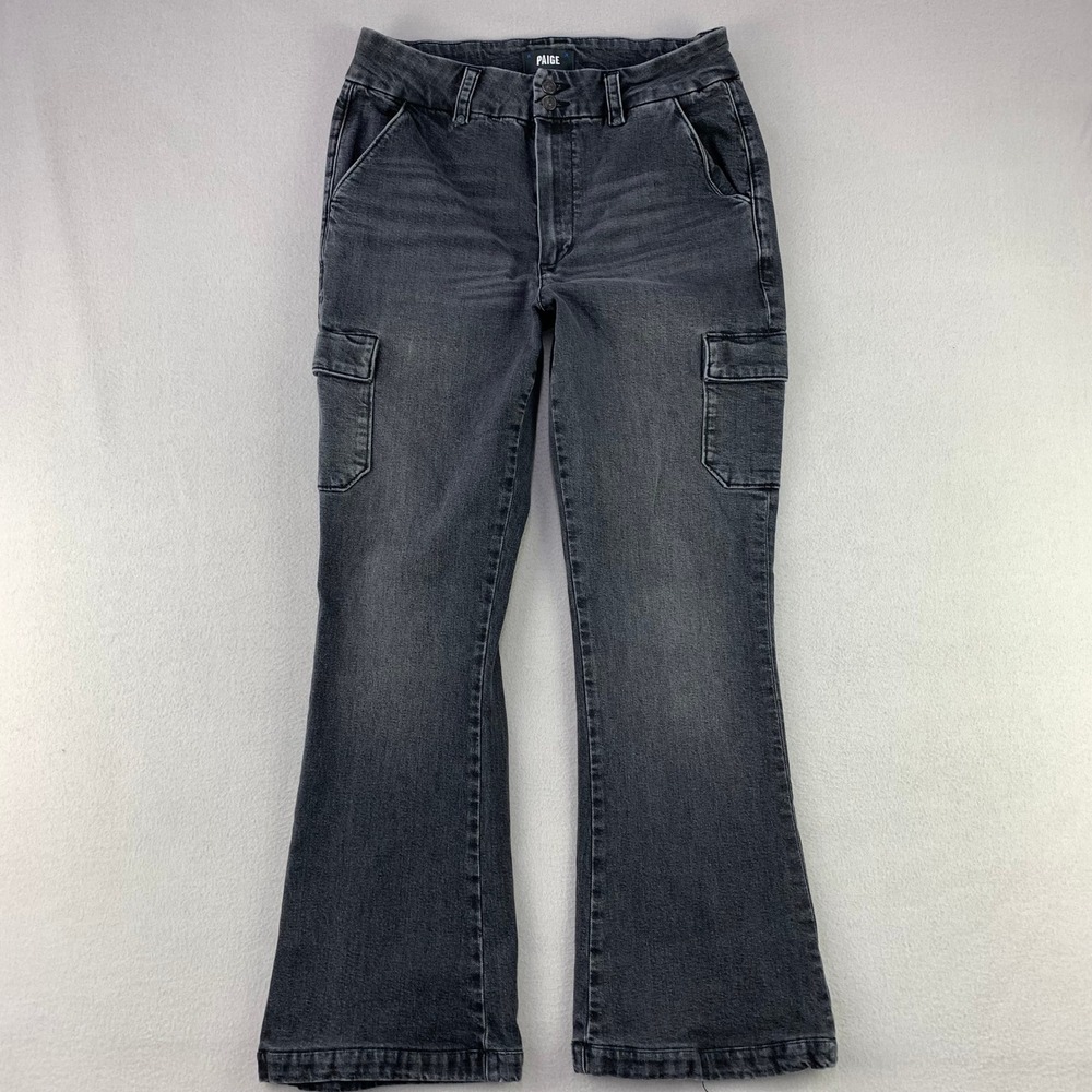 Paige Cargo Jeans Womens 30 Black Flare Genevieve Utility Stretch Denim